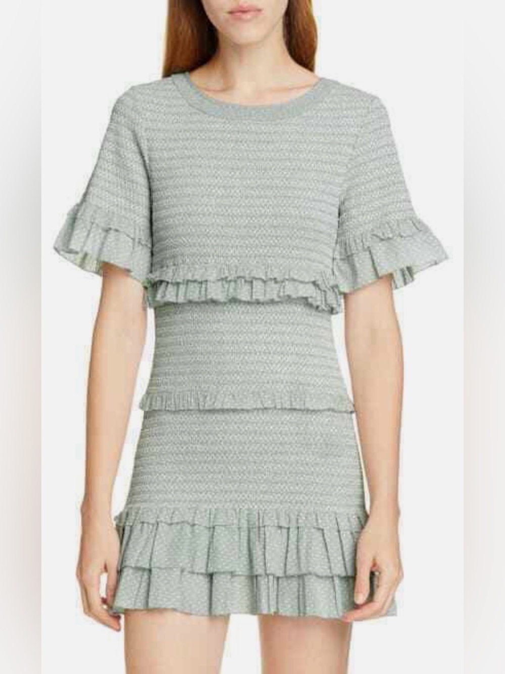 LoveShackFancy Aveline Ruffled Dress Printed Smocked Bell Sleeve Mint Sz XS A